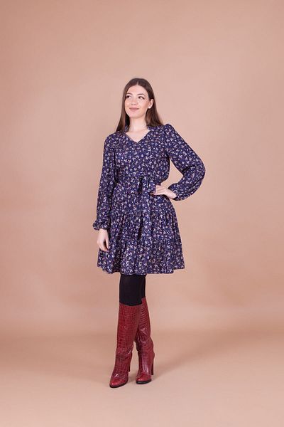 Bidoluelbise Rochie de damă bleumarin din catifea cu modele florale cu detaliu guler