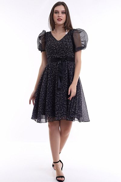 Ottawe V-Neck Chiffon Flared Mini Dress - Balloon Sleeves and Organza
