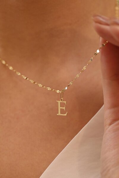 MİLET KUYUMCULUK 14 Ayar Altn E Harfli Kalın Aynalı Zincir Kolye