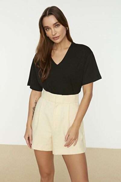 Trendyol Collection Černé pletené tričko Boyfriend ze 100% bavlny s výstřihem do V