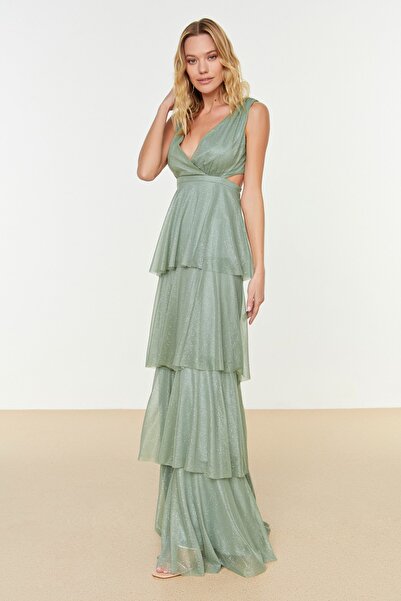 Trendyol Collection Αφρώδη μακρύ βραδινό φόρεμα Mint A-Cut - Συγκεντρώστε αναλυτικά TPRSS20AE0063