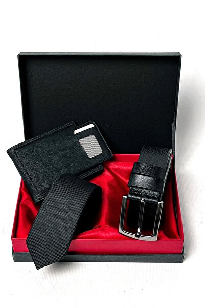 High Class Deri Erkeklere Özel Kanguru Model Vegan Deri Cüzdan & Deri Kemer & Lüks Kravat Hediye Seti