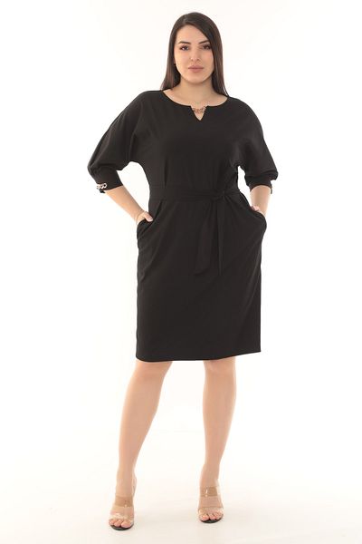 etselements Black Midi Dress - Crew Neck with Chain Detail and Sash 3391