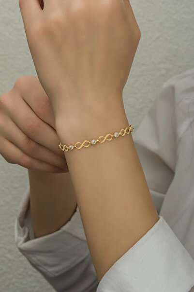 Enes Gümüş Sonsuzluk Ve Tektaş Model Gold Renk 925 Ayar Gümüş Bileklik