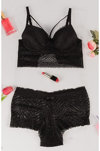 Yapıcı Underwear طقم حمالة صدر نسائية مبطنة باللون الأسود مع شورت -