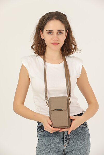 Universal Eşsiz Çanta Vizon Kadın Çapraz Askılı Telefon 3 Bölmeli Cüzdan Çanta