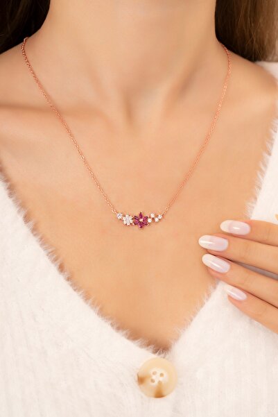 Eva Jewelry Unutma Beni Çiçeği Fuşya Taşlı 14 K Rose Gold Kaplama Kadın Kolye