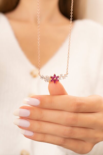 Eva Jewelry Unutma Beni Çiçeği Fuşya Taşlı 14 K Rose Gold Kaplama Kadın Kolye