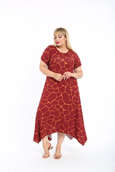 Mezura Plus Size Women's Relaxed Cut Patterned Short Sleeve Asymmetrical Viscose Combed Cotton Dress