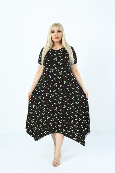 Mezura Plus Size Women's Relaxed Cut Patterned Short Sleeve Asymmetrical Viscose Combed Cotton Dress