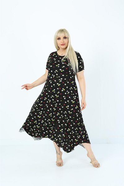 Mezura Plus Size Women's Relaxed Cut Patterned Short Sleeve Asymmetrical Viscose Combed Cotton Dress