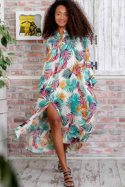 Chiccy Rochie de damă, alb, verde, galben, roșu, cu frunze tropicale, rochie oversize cu buzunar cu nasturi M10160000EL93923