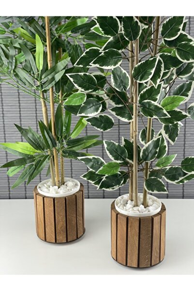Bahçem Yapay Bambu Ağacı Ahşap Saksılı 80cm-yapay Benjamin Ağacı Ahşap Saksılı 80cm 2 Adet