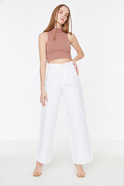 Trendyol Collection Blugi albi cu talie înaltă cu picioare late TWOAW22JE0794