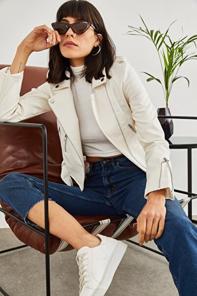 You&More Jachetă albă de piele pentru femei cu fermoar lateral