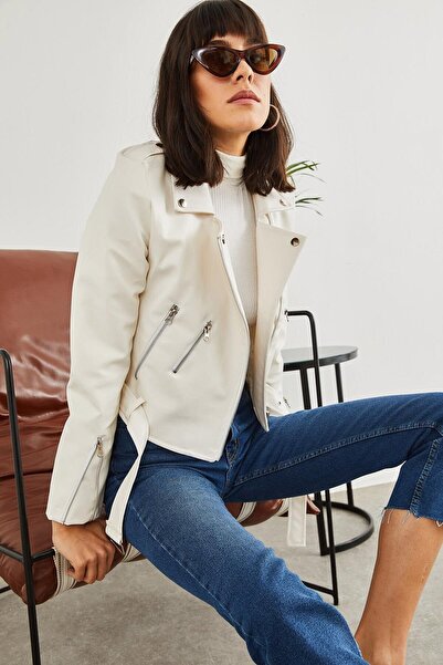 You&More Jachetă albă de piele pentru femei cu fermoar lateral