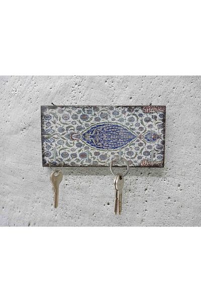 CajuArt Blue Patterned Decorative Wooden Keychain Tile