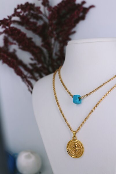 Dukkanka Pusula Mavi Taş Burgu Zincir Tasarım Altın Kaplama Kararmaz Kadın Kolye