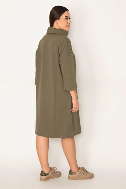 Şans Women's Large Size Khaki Stand Collar Capri Sleeve Dress 65n31484