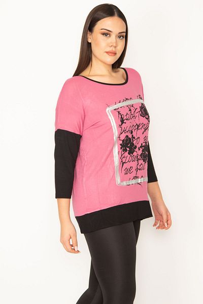 Şans Women's Large Size Dusty Rose Front Print and Stone Detailed Two Color Tunic 65n31413