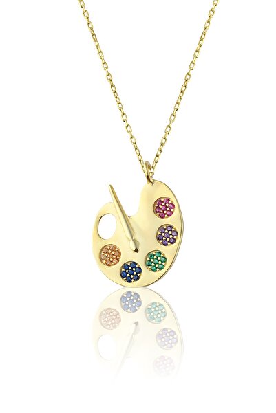 Zanaatsilver Gümüş 14k Altın Kaplama Renkli Taşlı Palet Kolye