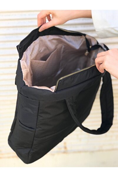 ÖZKAN GÜMÜŞ Kadın Siyah Kabartmalı Puf Kumaş Shopper Çanta