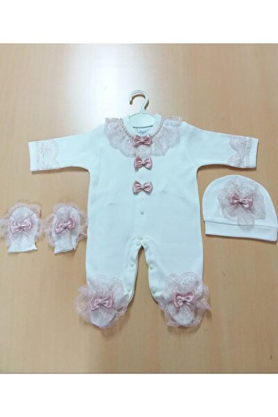 Sönmez Baby Kız  Bebek Ekru Renkli Fisto Dantelli  Tulum