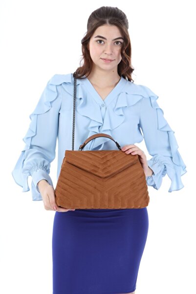 Frapan Çanta Kadın Taba Renk Süet Kapitone Kesim Tasarımlı Zincir Askılı Çanta