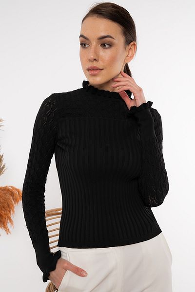 AQE FASHION Pulover negru pentru damă, cu mâneci cu volană, cu volan în față