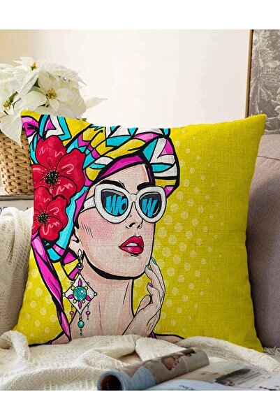 Realhomes Husă de pernă decorativă Raschel tricotată cu două fețe, cu fundal galben Design Popart de vară