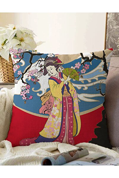 Realhomes Çift Taraflı Yelpazeli Japon Kadın Motifli Dekoratif Raşel Örme Yas...