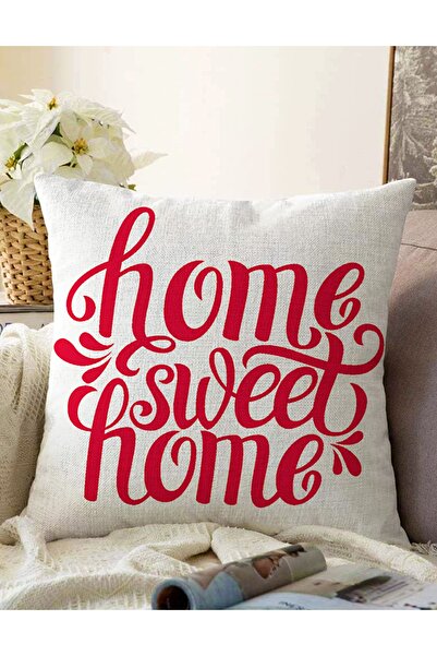 Realhomes Kırmızı Home Sweet Home Dijital Modern Çift Taraflı Raşel Örme Yast...
