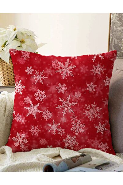 Realhomes Çift Taraflı Kırmızı Zeminde Kar Taneleri Dekoratif Raşel Örme Yast...