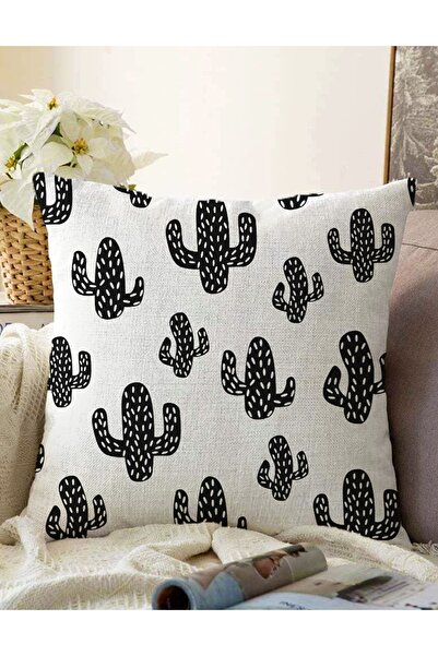 Realhomes Çift Taraflı Siyah Beyaz Kaktüs Desenli Dekoratif Raşel Örme Yastık...