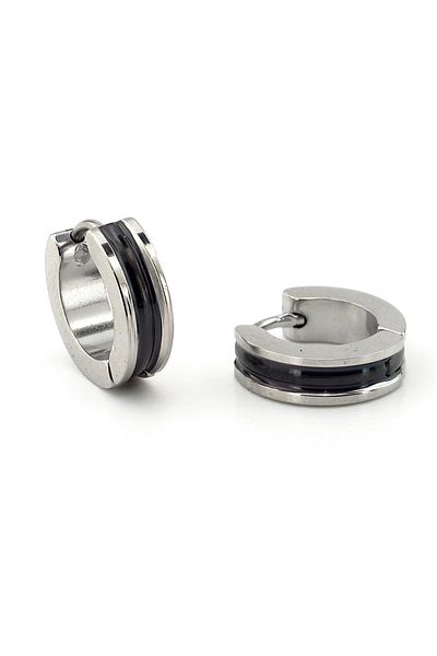 Solfera Black Stripe Design Stainless Steel Men's Hoop Earrings E804