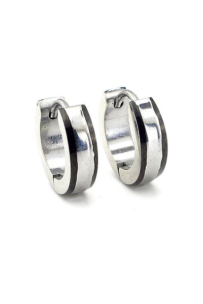 Solfera Pair Black Striped Silver Color Steel Men's Hoop Earrings E862