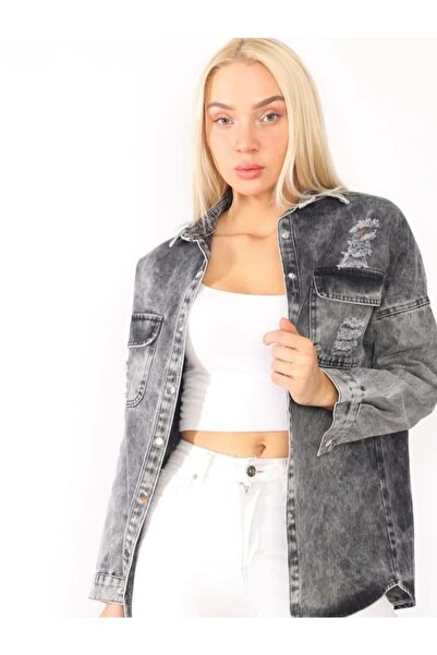 Hepsibitarz Kadın Siyah Füme Jeans Denim Kot Oversize Bayan Ceket