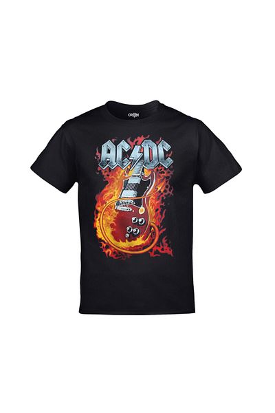 Orijin Tekstil Unisex Black Ac Dc Flaming Guitar Printed Tshirt