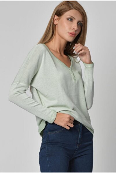 Cotton Candy Women's Water Green Button Detailed V-Neck Long Sleeve T-Shirt