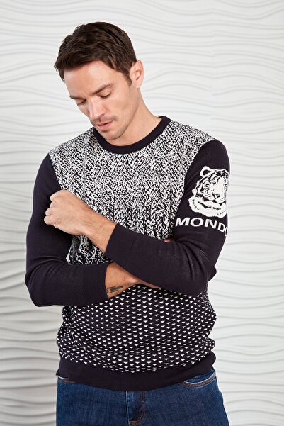 Mondo Erkek Lacivert Geçişli Kolu Desenli Triko