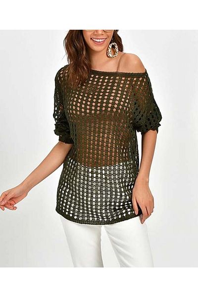 AQE FASHION Γυναικεία πλεκτή μπλούζα με δίχτυ χακί