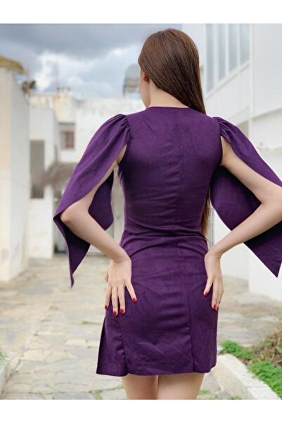 KAYAHAN COLLECTION Kadın Mor Omzu Parça Kumaşlı Yırtmaçlı Elbise