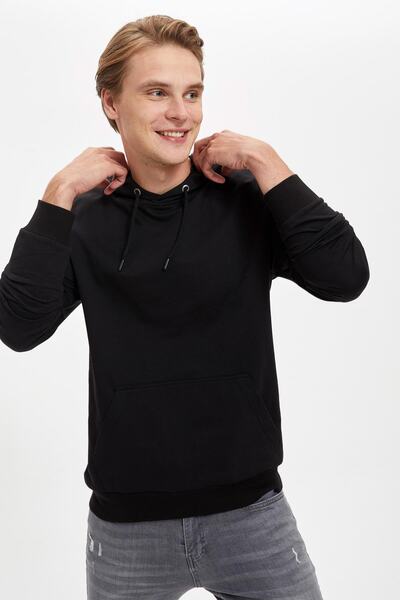 DeFacto Erkek Siyah Slim Fit Kanguru Cepli Uzun Kollu Sweatshirt R0961AZ20AU