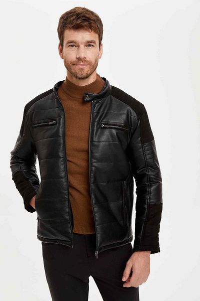 DeFacto Stand Collar Faux Leather Coat with Shoulder and Sleeve Detail