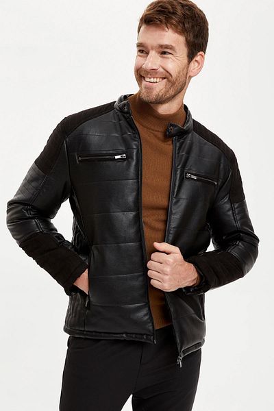 DeFacto Stand Collar Faux Leather Coat with Shoulder and Sleeve Detail