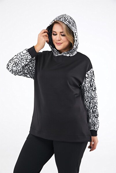 Seamoda Γυναικείο μαύρο μανίκι και κουκούλα με γυαλιστερή εκτύπωση μασίφ φούτερ