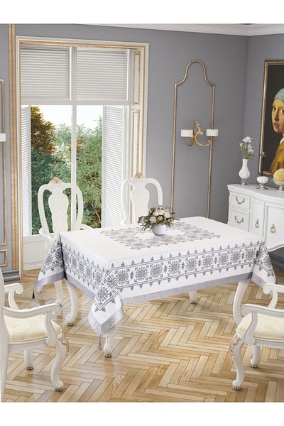 Köşem Çeyiz Față de masă cu dungi cu model Kilim imprimată cu punct de cruce, argintiu