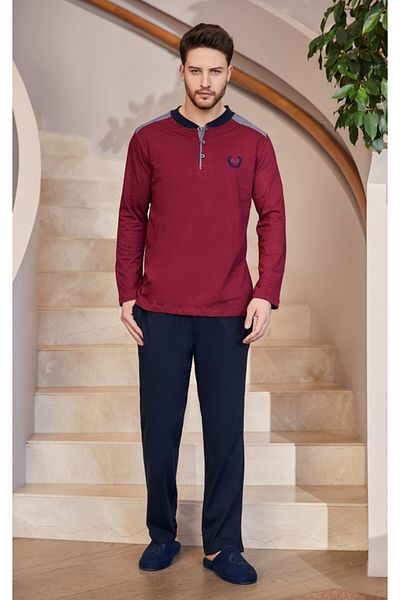 ByLohusa Set pijamale jacquard cu umăr burgundy pentru bărbați