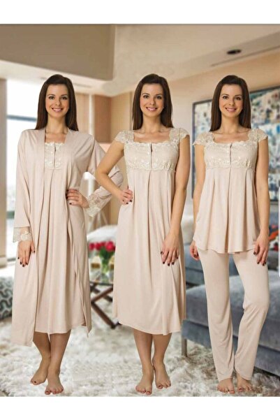 Effort Pijama Women's Beige Maternity Nightgown Dressing Gown Pajama Set Set of 4 2305-Effort