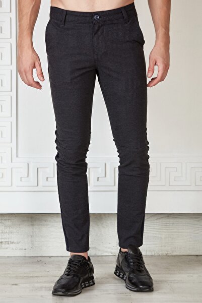 Mondo Erkek Siyah Desenli Yanı Şeritli Skinny Fit Pantolon